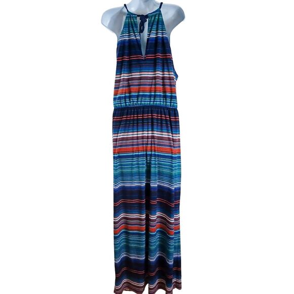 Bisou Maxi Long Dress Sz 14 Southwestern Stripe Boho Festival Halter Slit Bodice - Picture 6 of 8